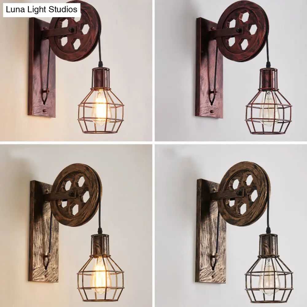 Spherical Wire Cage Wall Light Rustic Iron Bedroom Lamp With Pulley 1-Light Foyer & Mount