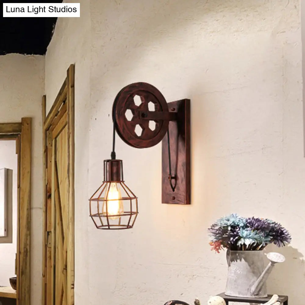 Spherical Wire Cage Wall Light Rustic Iron Bedroom Lamp With Pulley 1-Light Foyer & Mount