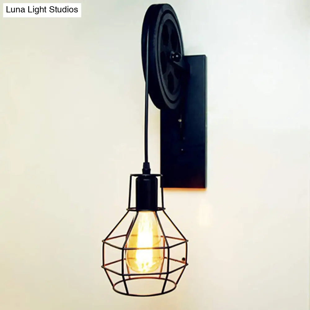 Spherical Wire Cage Wall Light Rustic Iron Bedroom Lamp With Pulley 1-Light Foyer & Mount