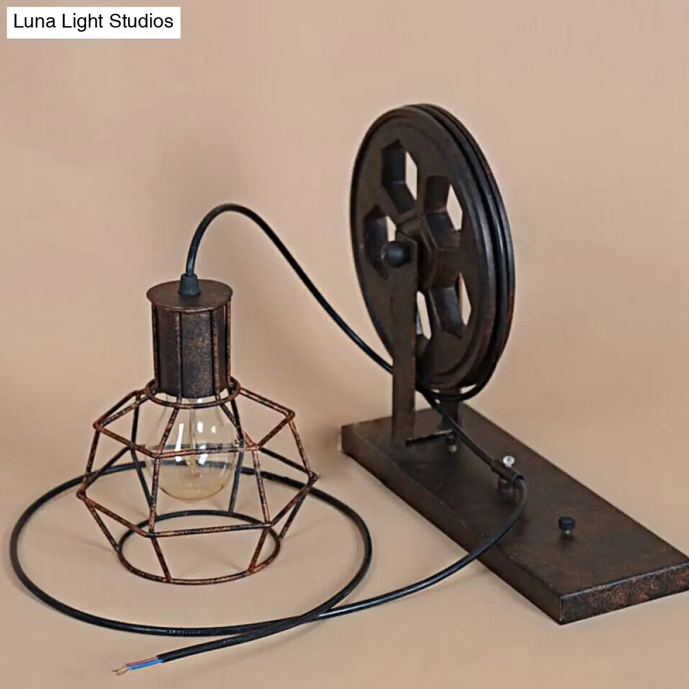 Spherical Wire Cage Wall Light Rustic Iron Bedroom Lamp With Pulley 1-Light Foyer & Mount