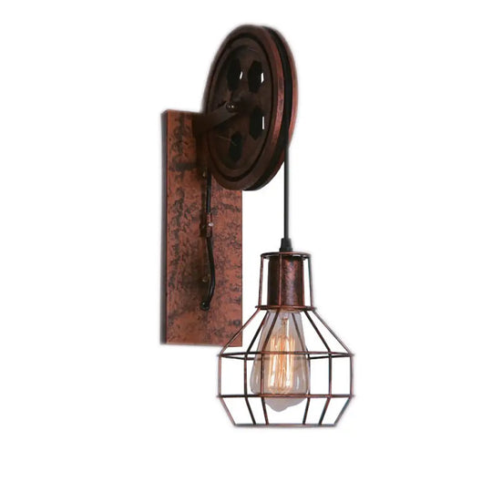 Spherical Wire Cage Wall Light Rustic Iron Bedroom Lamp With Pulley 1-Light Foyer & Mount Rust