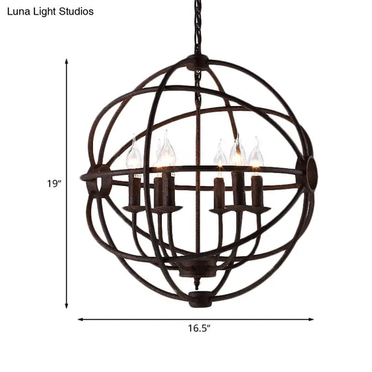 Spherical Wrought Iron Hanging Light: Antique Style Indoor Chandelier Lamp In Black/Rust With 3/6/7