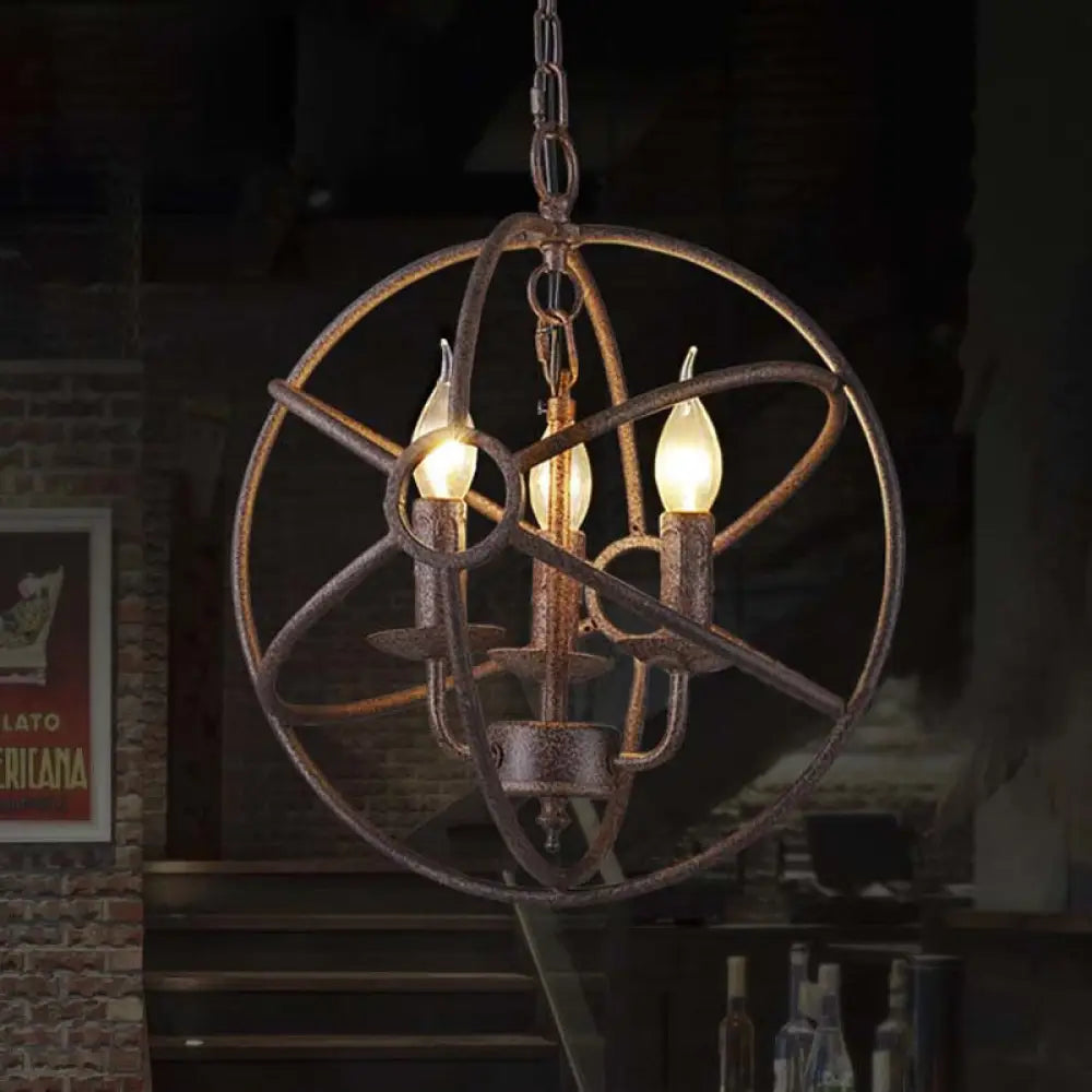 Spherical Wrought Iron Hanging Light: Antique Style Indoor Chandelier Lamp In Black/Rust With 3/6/7