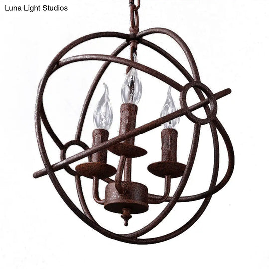 Spherical Wrought Iron Hanging Light: Antique Style Indoor Chandelier Lamp In Black/Rust With 3/6/7