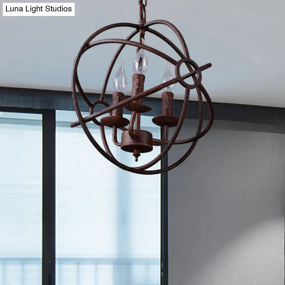 Spherical Wrought Iron Hanging Light: Antique Style Indoor Chandelier Lamp In Black/Rust With 3/6/7