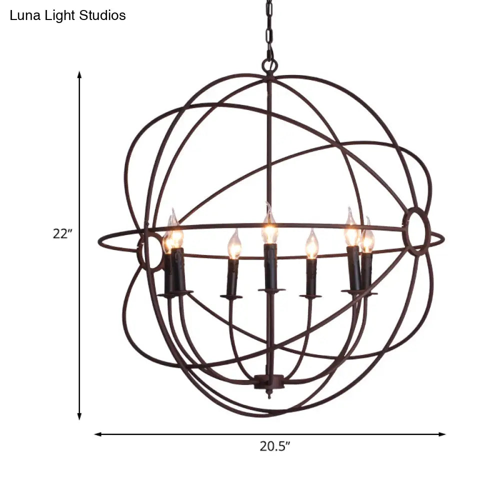 Spherical Wrought Iron Hanging Light: Antique Style Indoor Chandelier Lamp In Black/Rust With 3/6/7