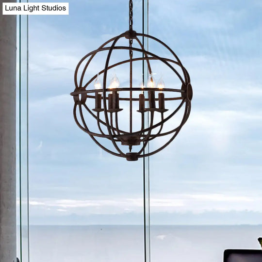 Spherical Wrought Iron Hanging Light - Antique Style Chandelier Lamp With Wire Frame 3/6/7 Lights