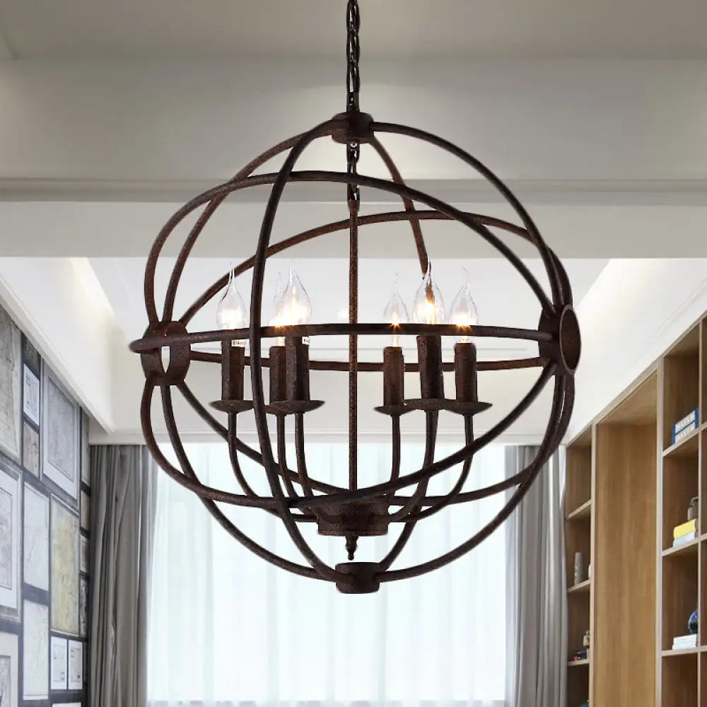 Spherical Wrought Iron Hanging Light: Antique Style Indoor Chandelier Lamp In Black/Rust With 3/6/7