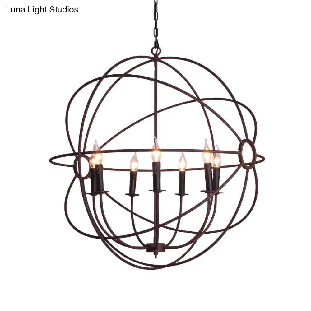 Spherical Wrought Iron Hanging Light: Antique Style Indoor Chandelier Lamp In Black/Rust With 3/6/7