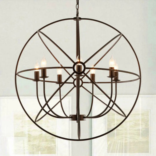 Spherical Wrought Iron Hanging Light: Antique Style Indoor Chandelier Lamp In Black/Rust With 3/6/7