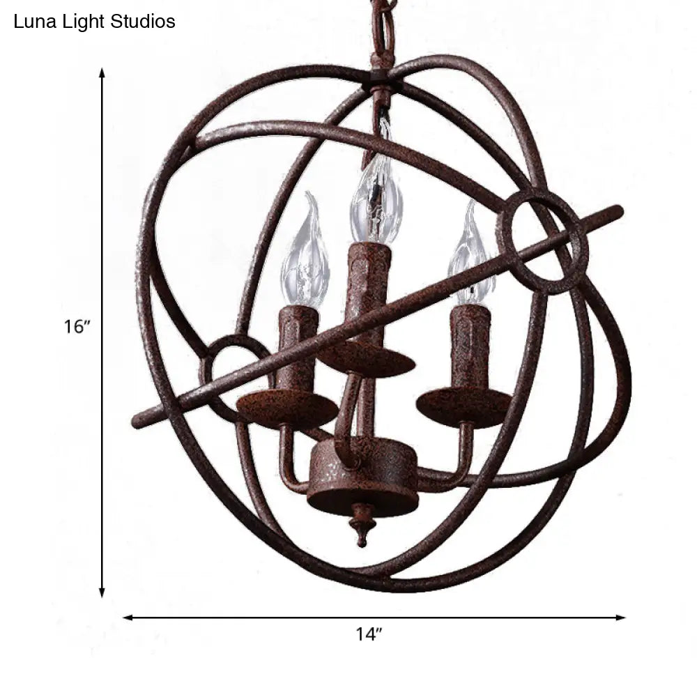 Spherical Wrought Iron Hanging Light: Antique Style Indoor Chandelier Lamp In Black/Rust With 3/6/7