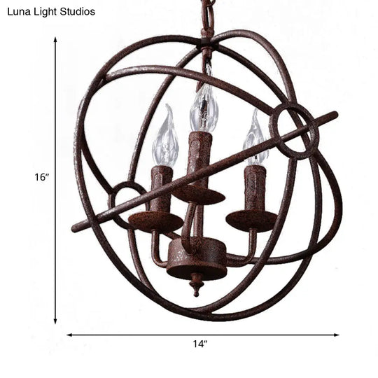 Spherical Wrought Iron Hanging Light: Antique Style Indoor Chandelier Lamp In Black/Rust With 3/6/7