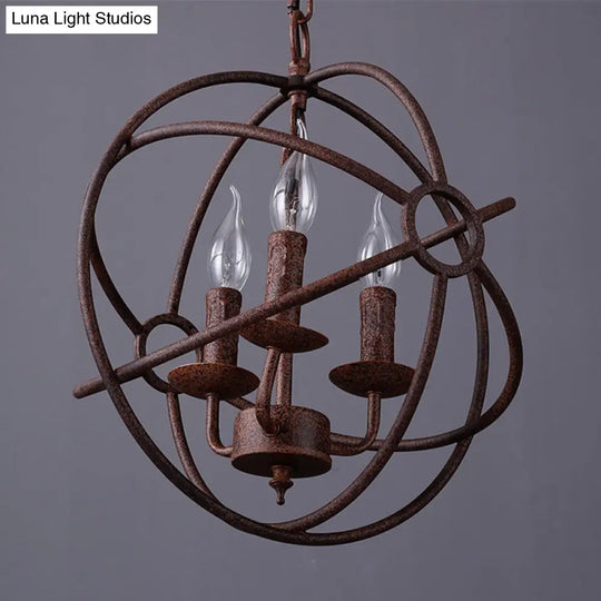 Spherical Wrought Iron Hanging Light: Antique Style Indoor Chandelier Lamp In Black/Rust With 3/6/7