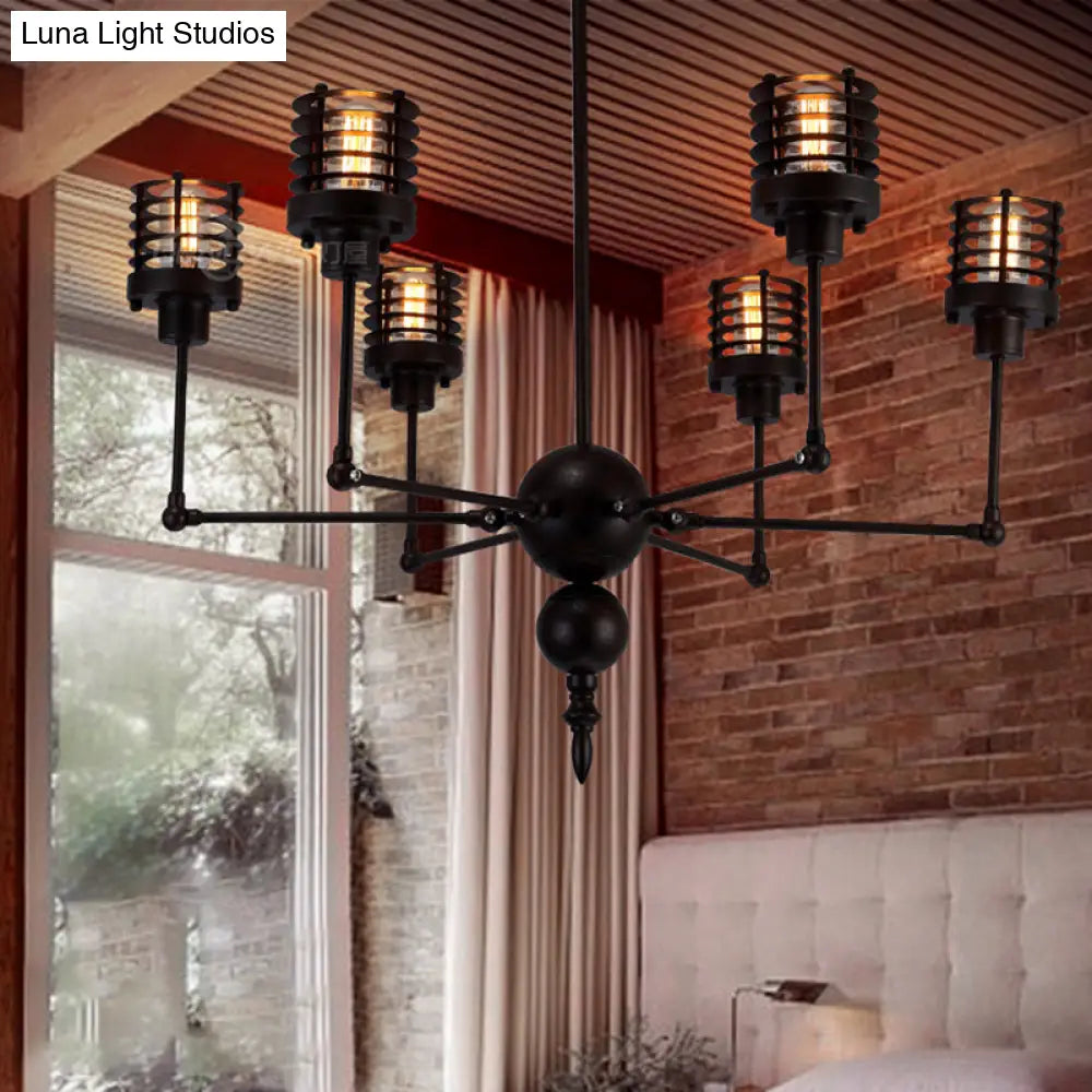 Spider Iron Pendant Light: Adjustable Antique 6-Light Chandelier With Cage Shade In Black - Perfect