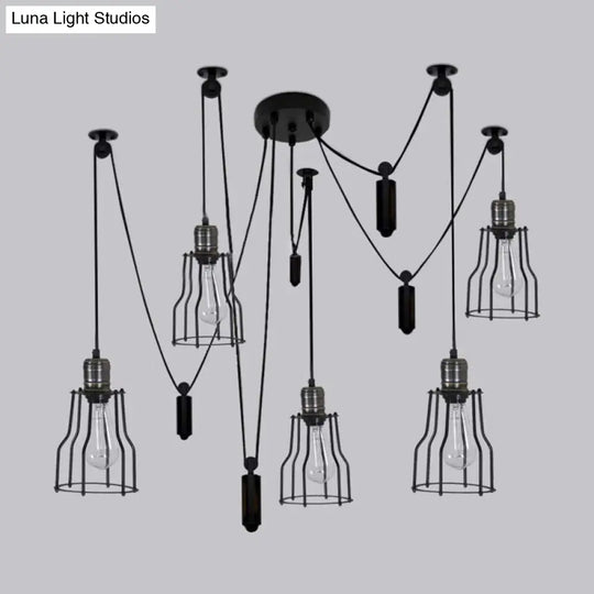 Farmhouse Style 5-Bulb Spider Pendant Light With Wire Guard Shade - Black Metal Ceiling Fixture For