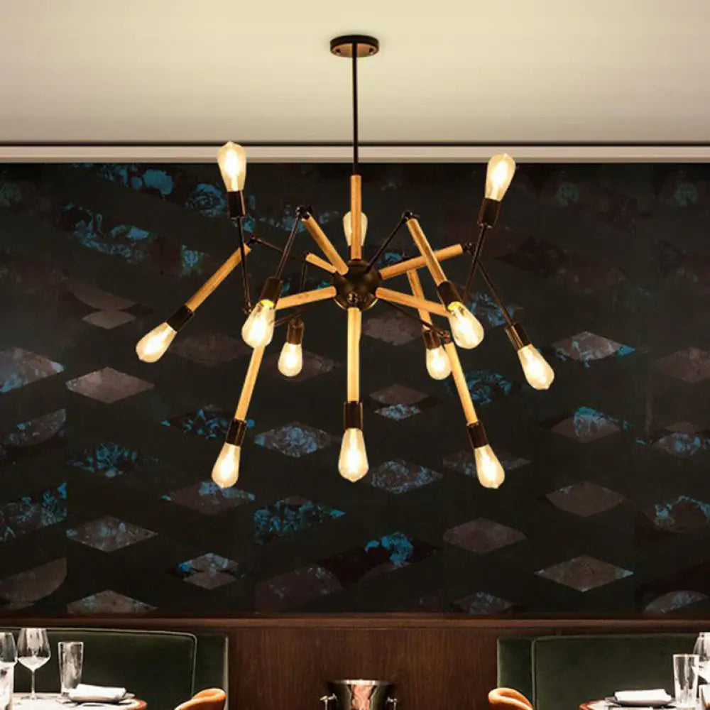 Spider Suspension Restaurant Chandelier - 12-Bulb Wood And Black Loft Style