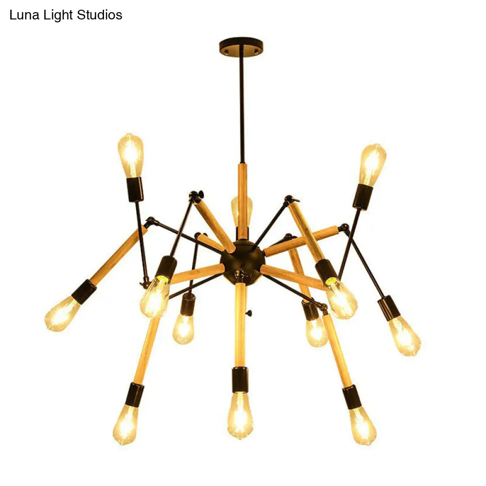 Black Spider Suspension Chandelier With 12 Wooden Bulbs - Loft Style Lighting For Restaurants