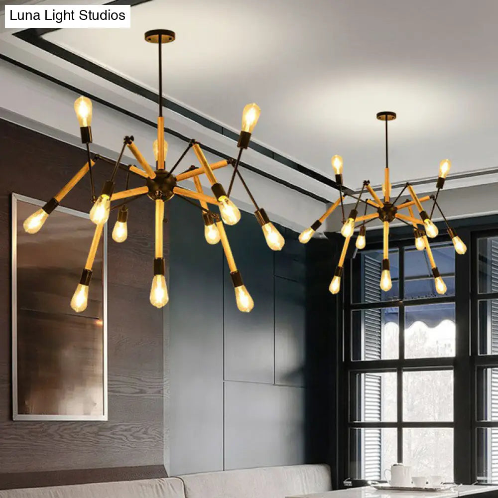 Black Spider Suspension Chandelier With 12 Wooden Bulbs - Loft Style Lighting For Restaurants