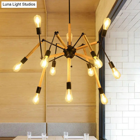 Black Spider Suspension Chandelier With 12 Wooden Bulbs - Loft Style Lighting For Restaurants