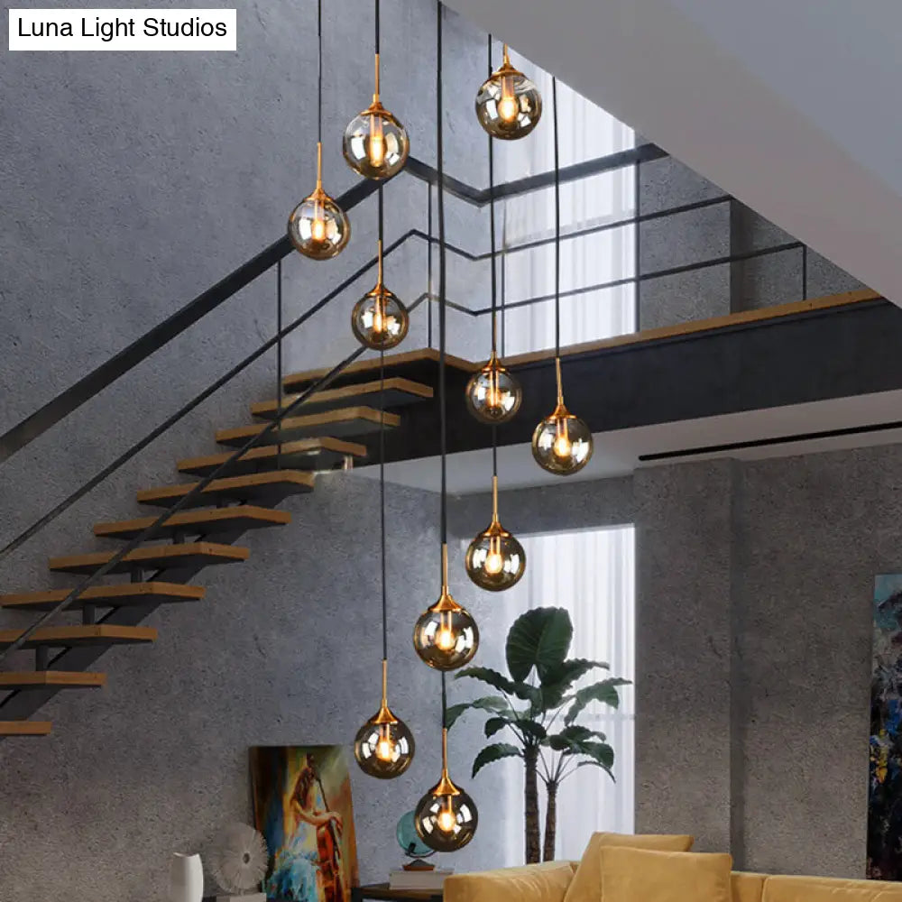 Nordic Spiral Glass Staircase Pendant Light With Multiple Hanging Balls 10 / Smoke Gray A