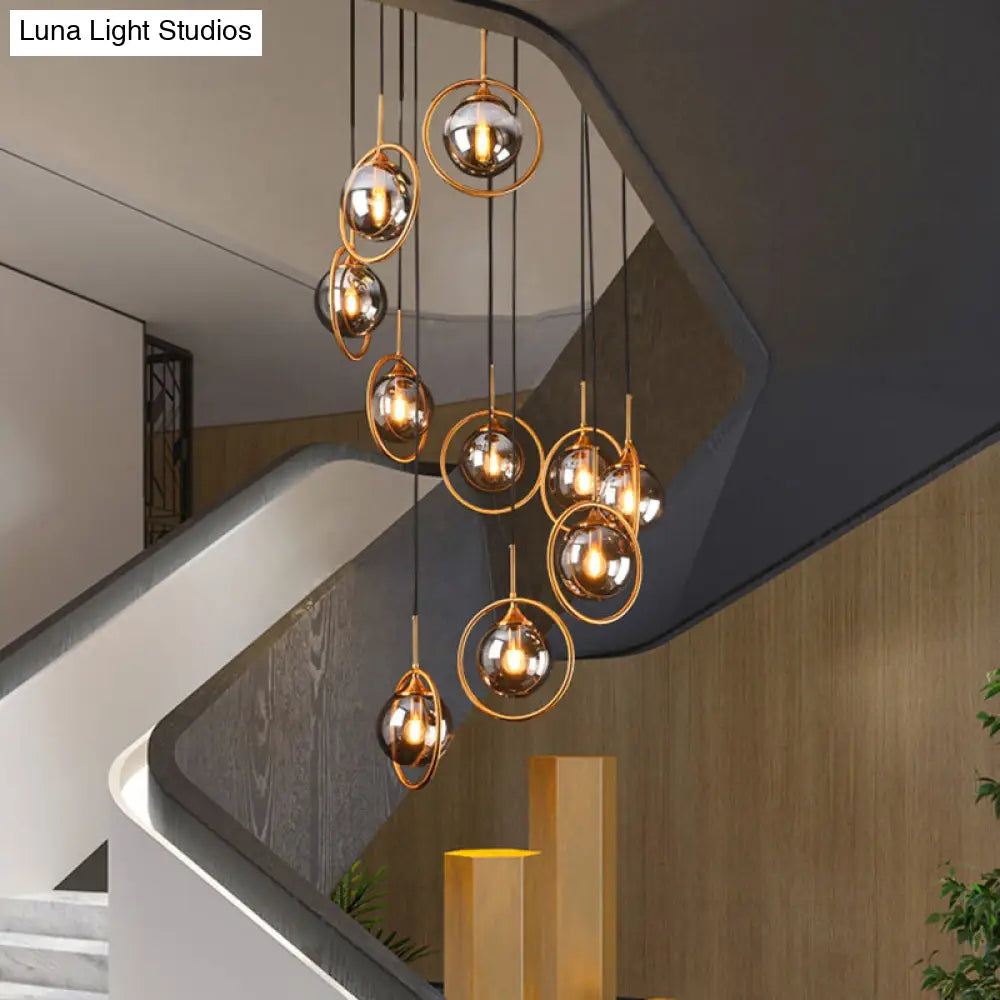 Nordic Spiral Glass Staircase Pendant Light With Multiple Hanging Balls 10 / Smoke Gray B