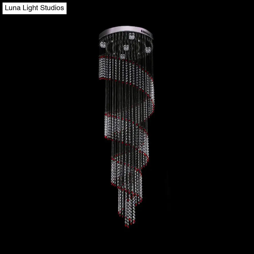 Spiral Cascade Hanging Lamp - Modern Silver With Clear And Red Crystal Led Pendant Set Of 5 Bulbs