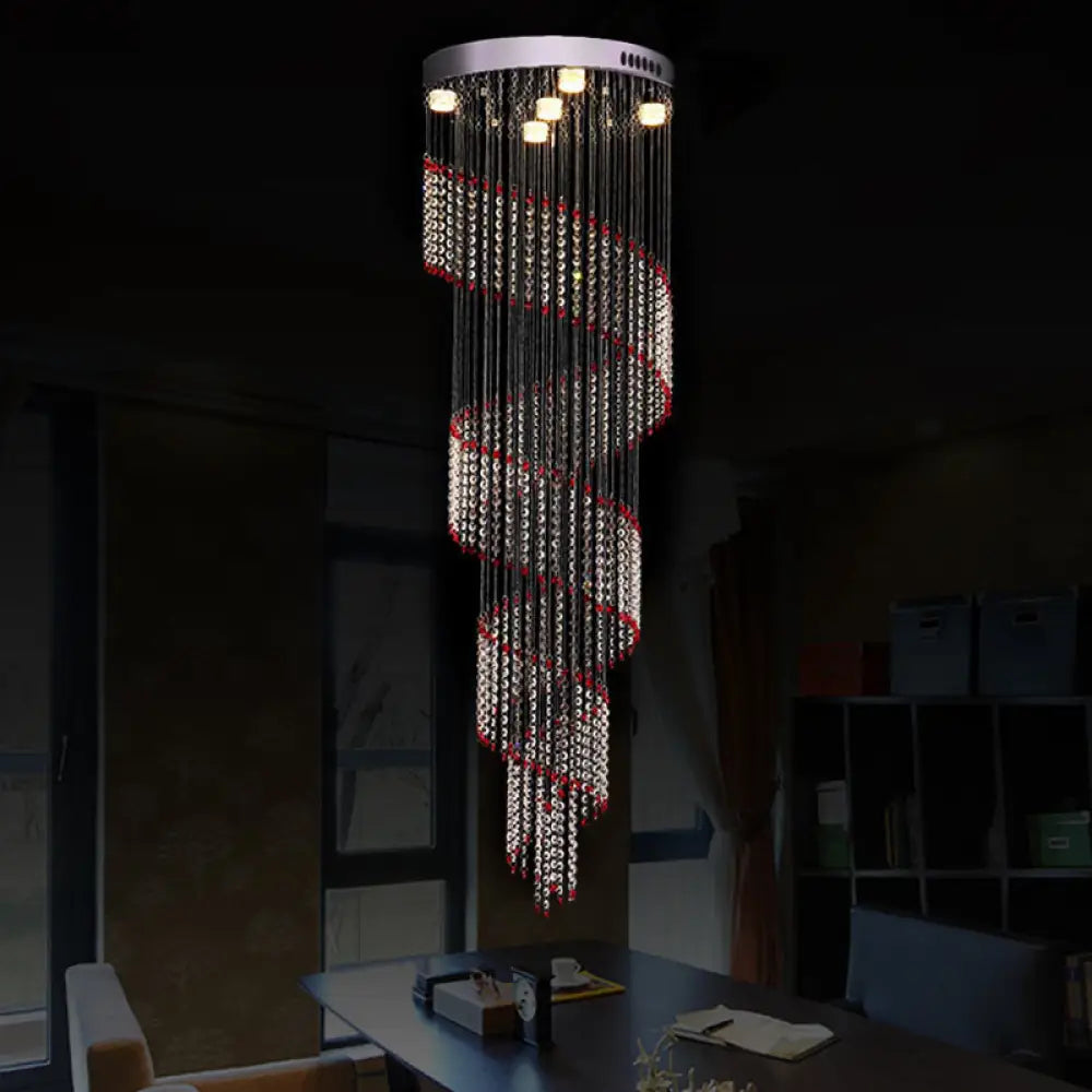 Spiral Cascade Hanging Lamp - Modern Silver With Clear And Red Crystal Led Pendant Set Of 5 Bulbs