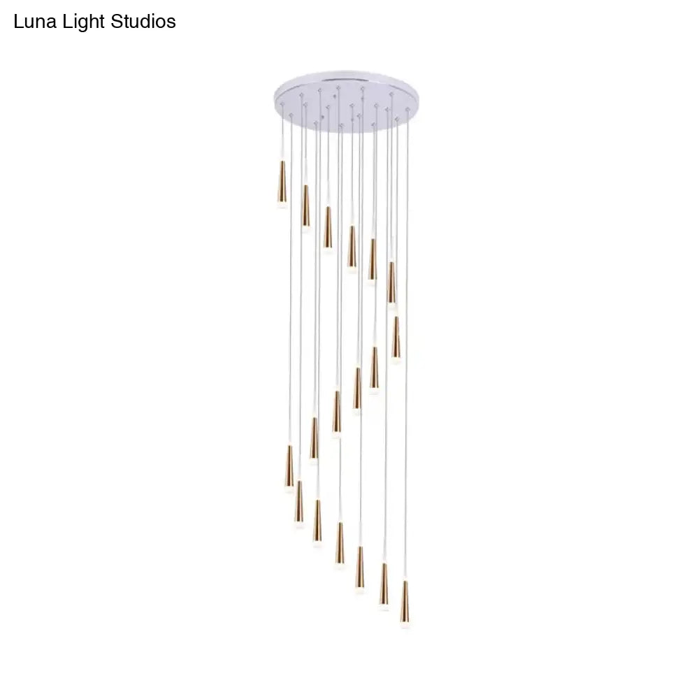 Spiral Design Gold Cone Pendant Light Fixture With 19 Minimalist Acrylic Bulbs - Stair Multi Lamp