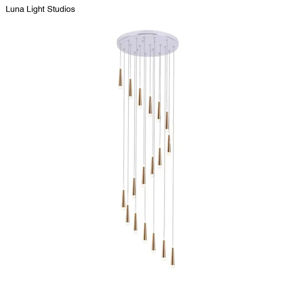 Minimalist Spiral Design Gold Cone Pendant With 19 Bulb Acrylic Stair Multi-Lamp Hanging Light