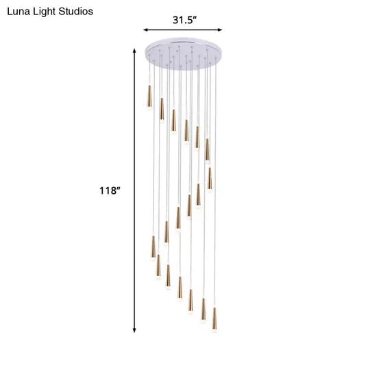 Spiral Design Gold Cone Pendant Light Fixture With 19 Minimalist Acrylic Bulbs - Stair Multi Lamp