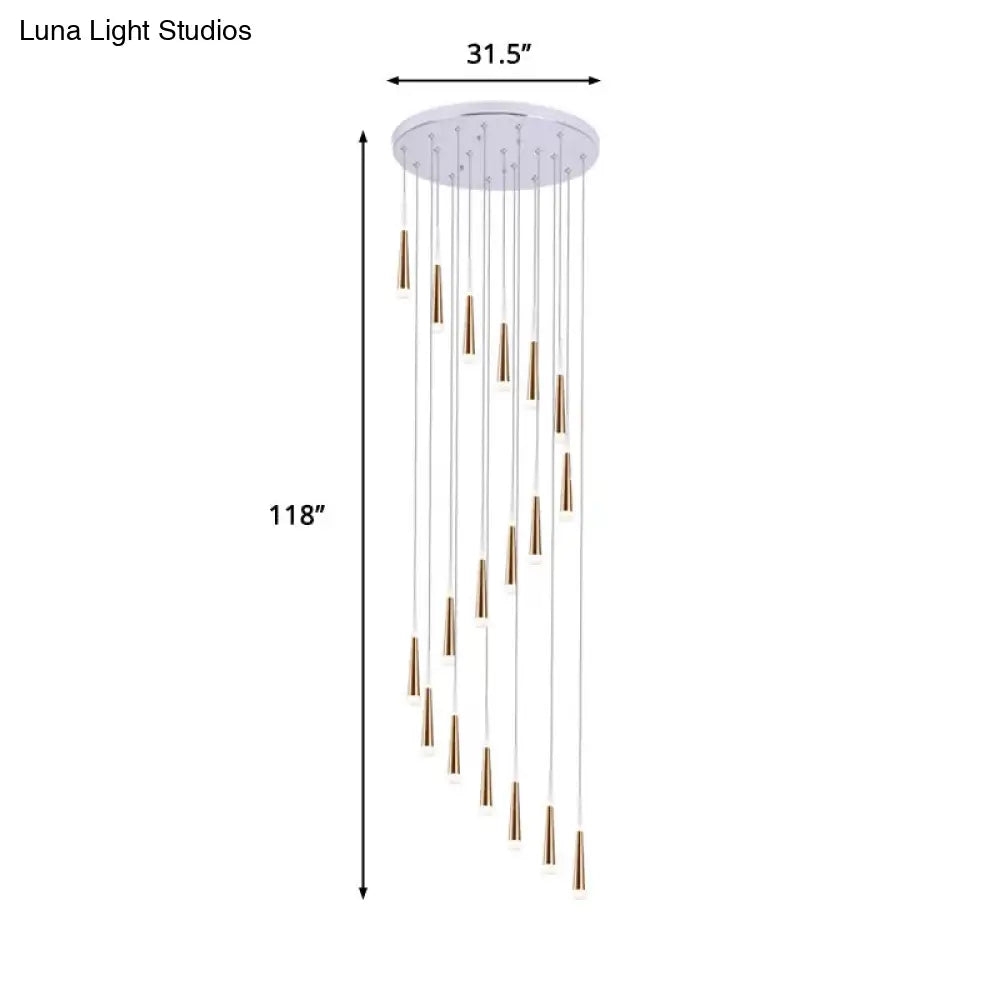 Minimalist Spiral Design Gold Cone Pendant With 19 Bulb Acrylic Stair Multi-Lamp Hanging Light