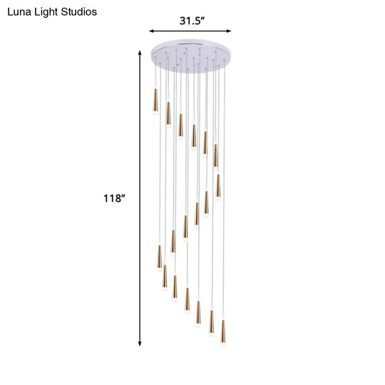 Minimalist Spiral Design Gold Cone Pendant With 19 Bulb Acrylic Stair Multi-Lamp Hanging Light