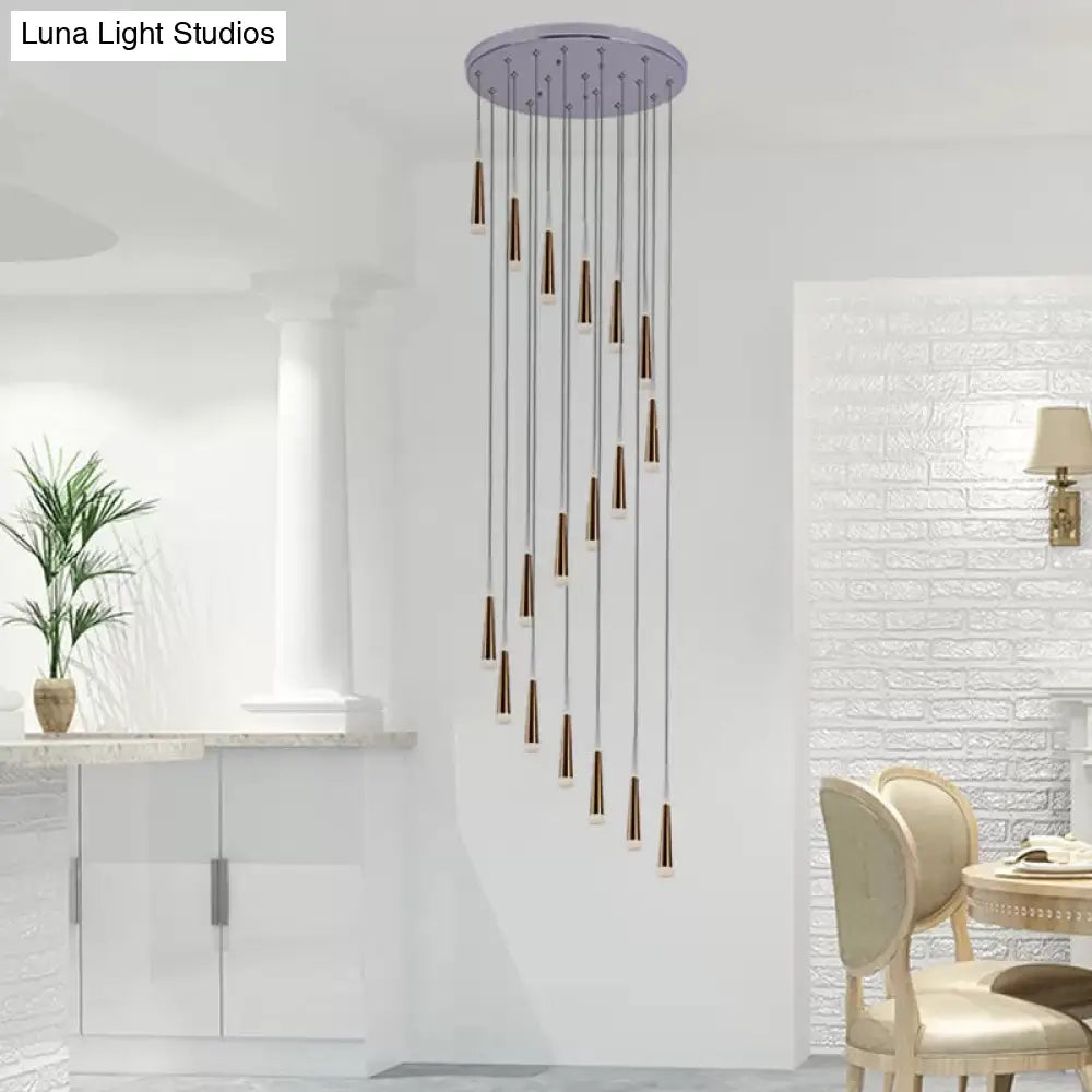 Minimalist Spiral Design Gold Cone Pendant With 19 Bulb Acrylic Stair Multi-Lamp Hanging Light