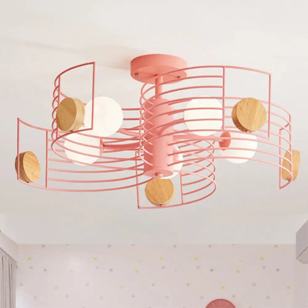 Spiral Kids Led Semi Flush Mount Ceiling Light With Metallic Pink/Gold Finish And White Glass Shade