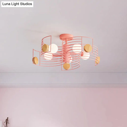 Spiral Kids Led Semi Flush Mount Ceiling Light With Metallic Pink/Gold Finish And White Glass Shade