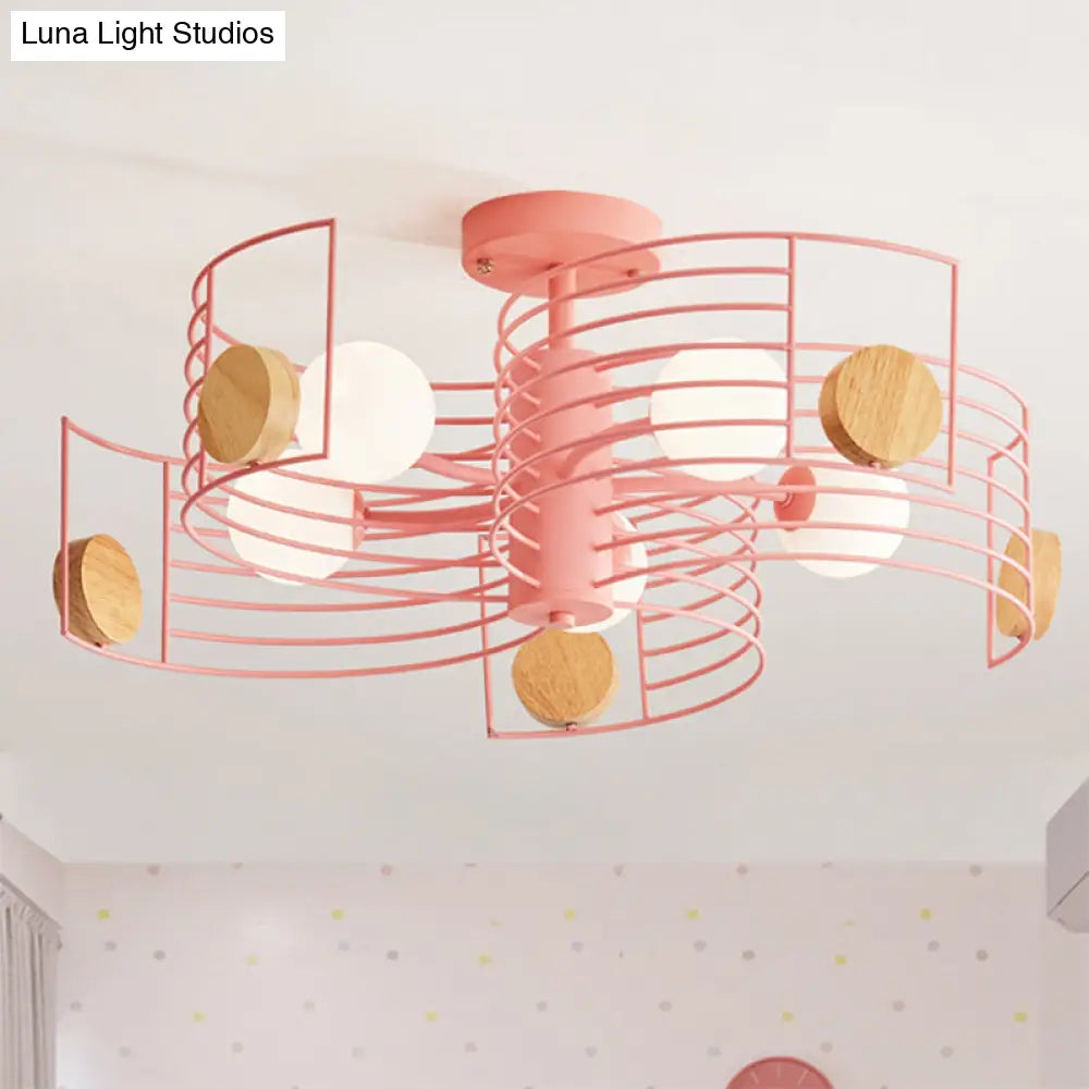 Spiral Kids Led Semi Flush Mount Ceiling Light With Metallic Pink/Gold Finish And White Glass Shade