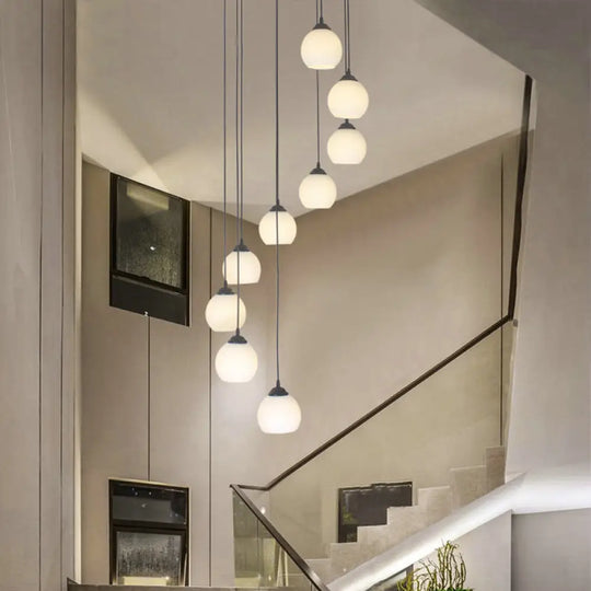 Spiral Milky Glass Multi Pendant Simple Hanging Ceiling Light In Black For Stairs 9 / White A