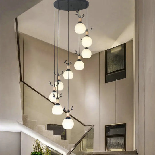 Spiral Milky Glass Multi Pendant Simple Hanging Ceiling Light In Black For Stairs 9 / White C