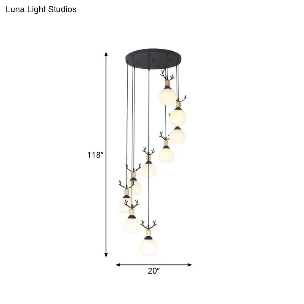 Spiral Milky Glass Multi Pendant Simple Hanging Ceiling Light In Black For Stairs Lighting