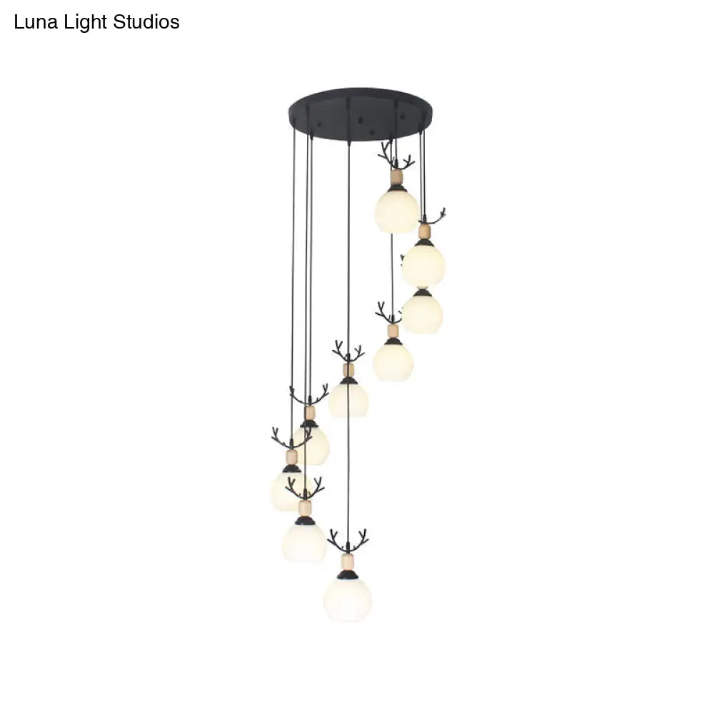 Spiral Milky Glass Multi Pendant Simple Hanging Ceiling Light In Black For Stairs Lighting