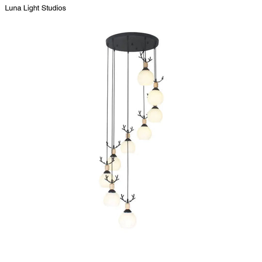 Spiral Milky Glass Multi Pendant Simple Hanging Ceiling Light In Black For Stairs Lighting