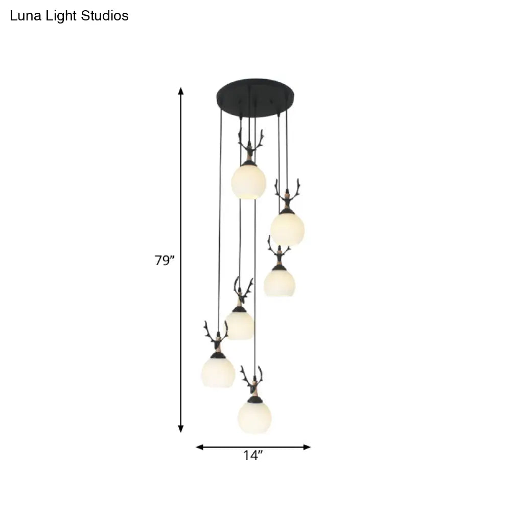 Spiral Milky Glass Multi Pendant Simple Hanging Ceiling Light In Black For Stairs Lighting