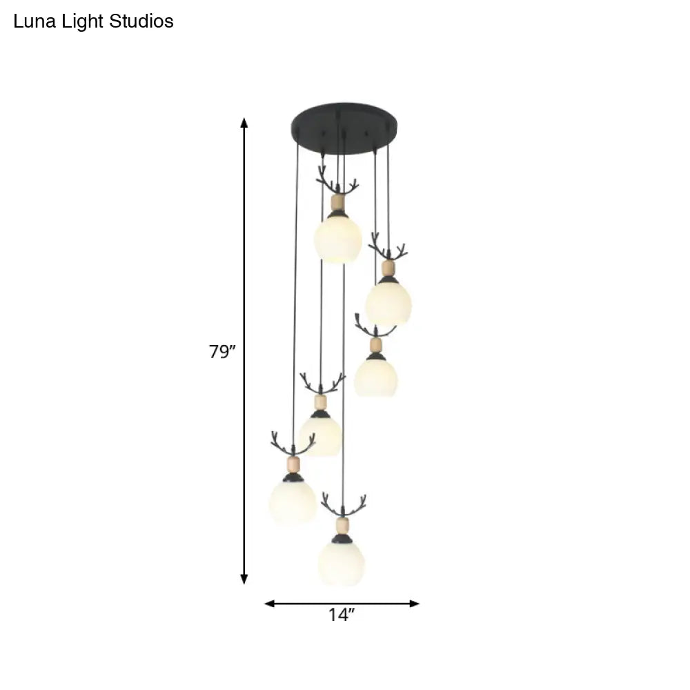 Spiral Milky Glass Multi Pendant Simple Hanging Ceiling Light In Black For Stairs Lighting