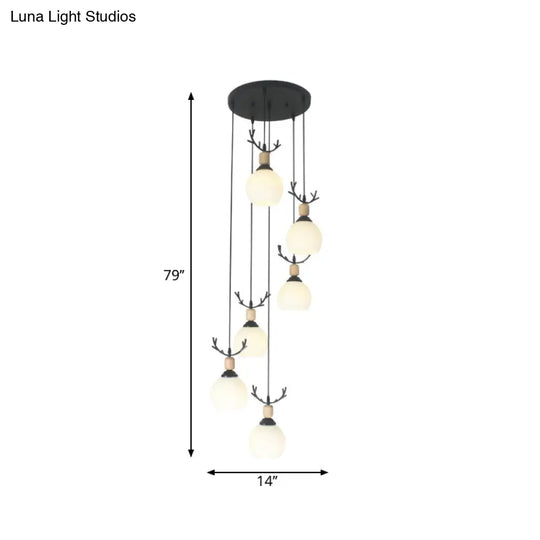 Spiral Milky Glass Multi Pendant Simple Hanging Ceiling Light In Black For Stairs Lighting