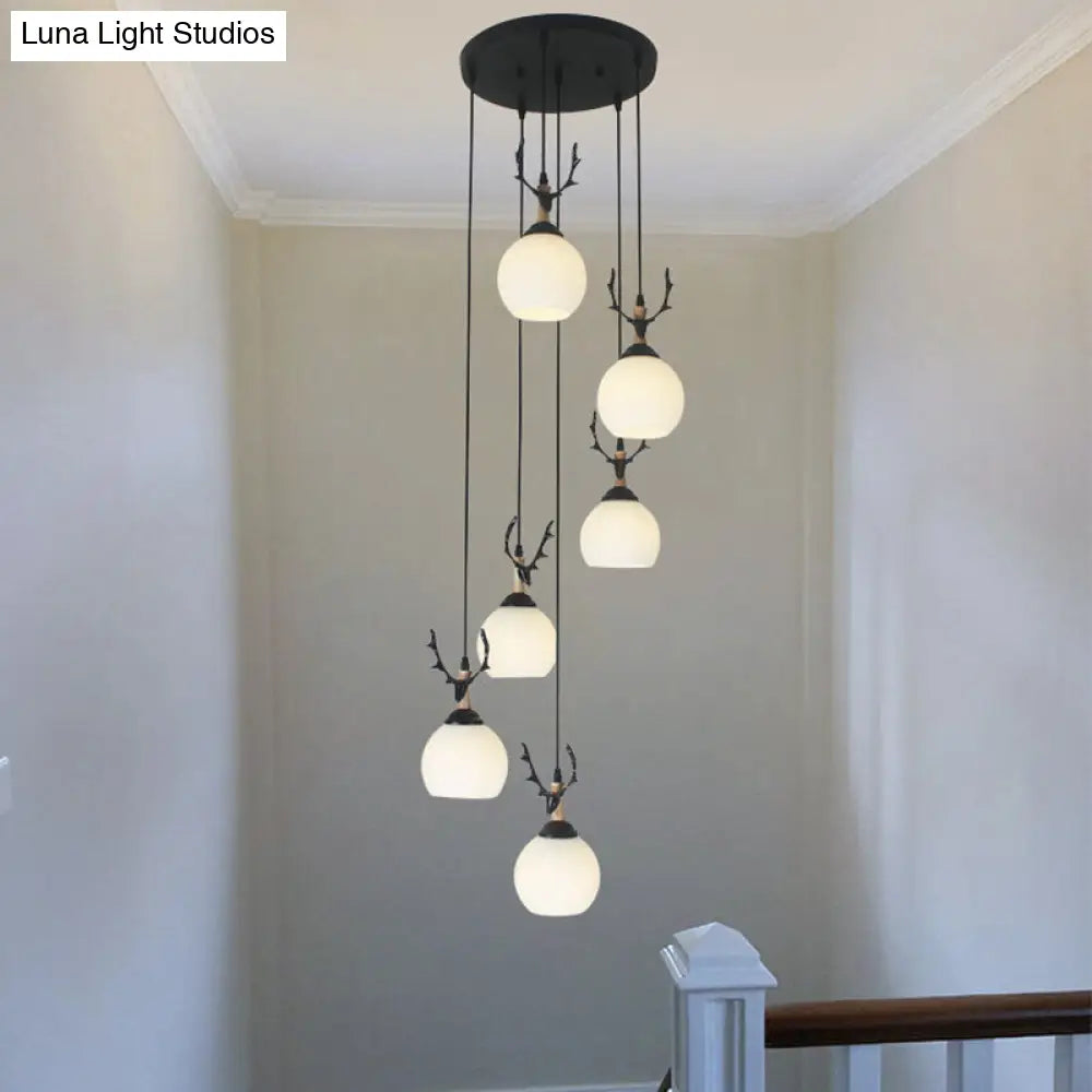 Black Milky Glass Spiral Multi Pendant Ceiling Light For Stairs 6 / White B