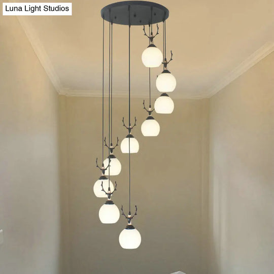 Black Milky Glass Spiral Multi Pendant Ceiling Light For Stairs 9 / White B