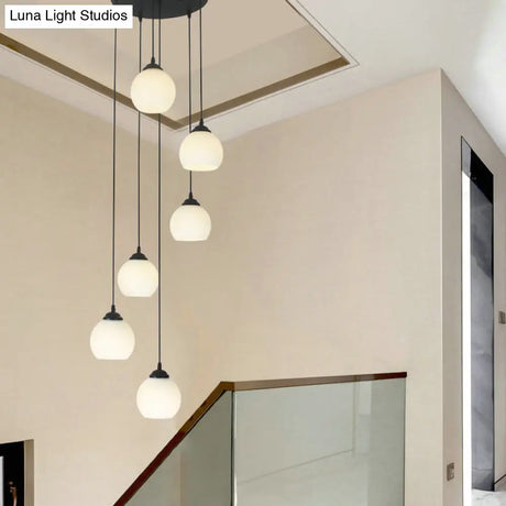 Spiral Milky Glass Multi Pendant Simple Hanging Ceiling Light In Black For Stairs Lighting