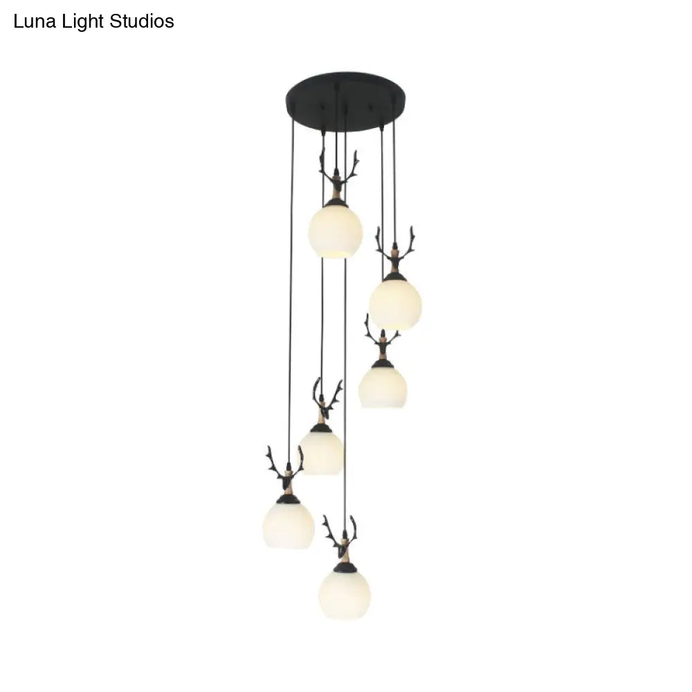 Spiral Milky Glass Multi Pendant Simple Hanging Ceiling Light In Black For Stairs Lighting