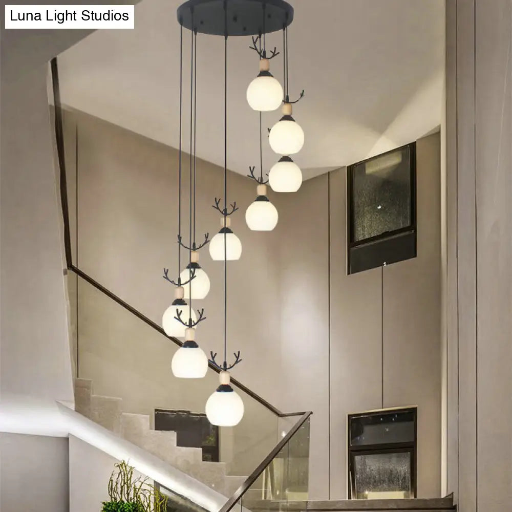 Black Milky Glass Spiral Multi Pendant Ceiling Light For Stairs 9 / White C