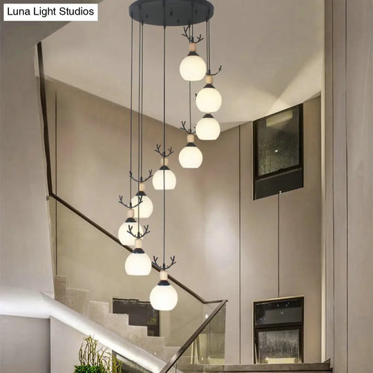 Black Milky Glass Spiral Multi Pendant Ceiling Light For Stairs 9 / White C